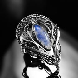 srebrny,pierścionek,kamień,księżycowy,wirewrapping - Pierścionki - Biżuteria