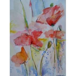 kwiaty,czerwień,akwarela,cienkopis - Obrazy - Wyposażenie wnętrz