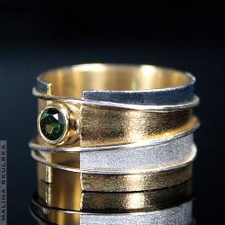 pierścionek,obrączka,złocony,turmalin,oksydowany - Pierścionki - Biżuteria