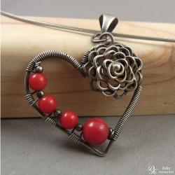 wisiorek,róża,serce,koral,czerwone,walentynki,love - Wisiory - Biżuteria