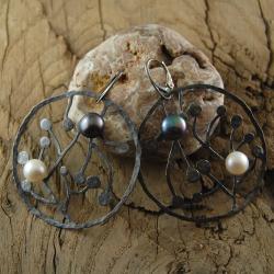 perły,drzewo,gałęzie,surowe,yin yang - Kolczyki - Biżuteria