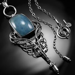 srebrny,naszyjnik,wire-wrapping,akwamaryn,błękitny - Naszyjniki - Biżuteria