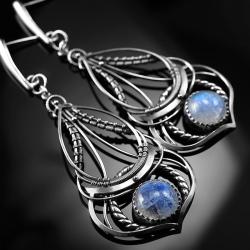 srebrne,kolczyki,wire-wrapping,kamień,księżycowy - Kolczyki - Biżuteria