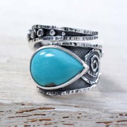 Srebrny,regulowany pierścionek z turkusem - Pierścionki - Biżuteria