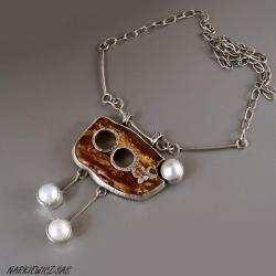naszyjnik z bursztynu pi pereł - Naszyjniki - Biżuteria