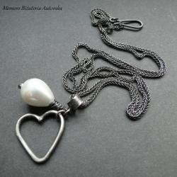srebro,perła,serce,oksydowany - Naszyjniki - Biżuteria