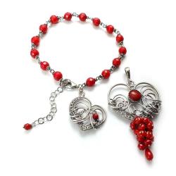 komplet,koral,serce,czerwony,wire-wrapping - Komplety - Biżuteria