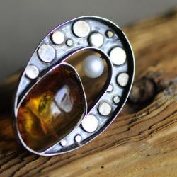 pierścionek,srebro,bursztyn perła,oksyda, - Pierścionki - Biżuteria