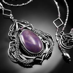 srebrny,naszyjnik,wire-wrapping,fioletowy,jadeit - Naszyjniki - Biżuteria