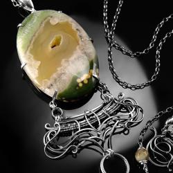 srebrny,naszyjnik,wire-wrapping,agat,żółty,zielony - Naszyjniki - Biżuteria