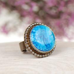 srebrny pierścionek z agatem,niebieski,agat,artsek - Pierścionki - Biżuteria
