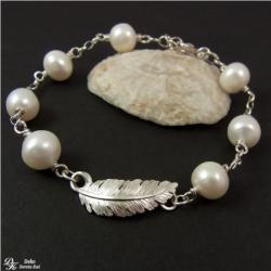 bransoletka,perły,białe,piórko,srebro,ślubna - Bransoletki - Biżuteria