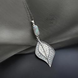 srebrny,wisior,z opalem australijskim,liść - Wisiory - Biżuteria