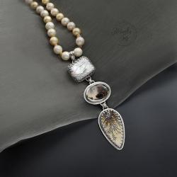srebrny,naszyjnik,jesienny,z perłami - Naszyjniki - Biżuteria