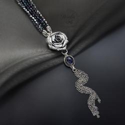 srebrny,naszyjnik,z różą,z szafirami - Naszyjniki - Biżuteria