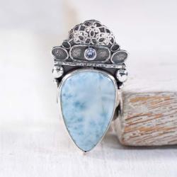 Srebrny,regulowany pierścionek z larimarem - Pierścionki - Biżuteria