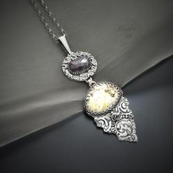 srebrny,naszyjnik,z szafirem,z bursztynem - Naszyjniki - Biżuteria