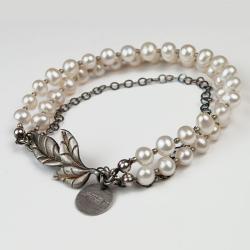 bransoletka,srebrna,perły,elegancka,prezent,liść - Bransoletki - Biżuteria