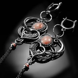 srebrne,kolczyki,wire-wrapping,koral,różowy,serce - Kolczyki - Biżuteria