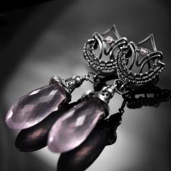 srebrne,kolczyki,wire-wrapping,kwarc różowy - Kolczyki - Biżuteria