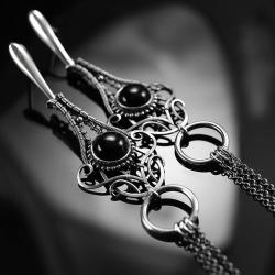 srebrne,kolczyki,wire-wrapping,czarny,onyks,ciba - Kolczyki - Biżuteria