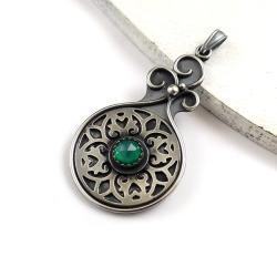 wisior,medalion,zielony,retro,srebrny - Wisiory - Biżuteria