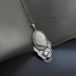 srebrny,wisior,z agatem mszystym,z perłą - Naszyjniki - Biżuteria