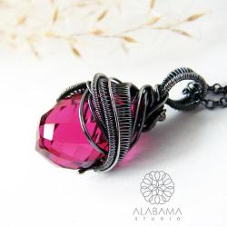 srebrny wisior z topazem różowym,wire wrapping - Wisiory - Biżuteria