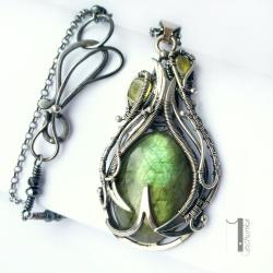 naszyjnik srebrny,labradoryt,zielony,wire wrapp - Naszyjniki - Biżuteria