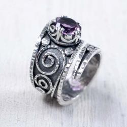 Srebrny,regulowany pierścionek z ametystem - Pierścionki - Biżuteria