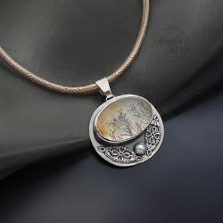 srebrny,naszyjnik,z kwarcem dendrytowym,z perłą - Naszyjniki - Biżuteria