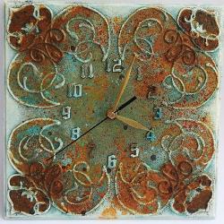 zegar,rdza,patyna,ornamenty,brąz,turkus - Zegary - Wyposażenie wnętrz
