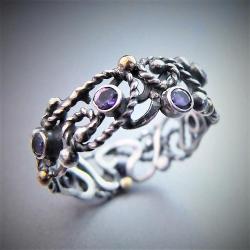srebrno-złoty pierścionek z ametystami - Pierścionki - Biżuteria