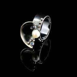 pierścień z perłą,pierścień z cyrkoniami - Pierścionki - Biżuteria