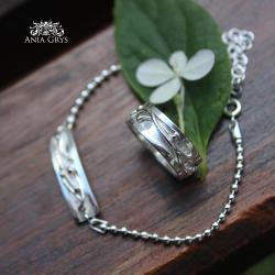 srebrny,komplet,roślinny,bransoletka,obrączka - Komplety - Biżuteria