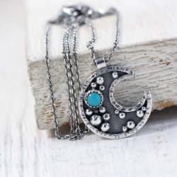 Księżyc,srebrny naszyjnik z turkusem - Naszyjniki - Biżuteria