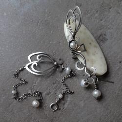 perła,elf,skrzydło,srebro,nausznica,zausznica,ślub - Komplety - Biżuteria