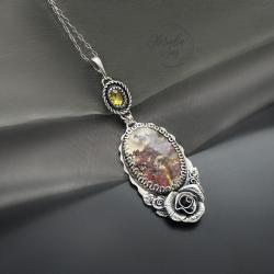srebrny,naszyjnik,z agatem mszystym,z cyrkonią - Naszyjniki - Biżuteria