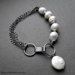 srebro,perły,białe,surowe,oksydowane - Bransoletki - Biżuteria