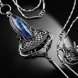 srebrny,naszyjnik,wire-wrapping,kianit,niebieski - Naszyjniki - Biżuteria