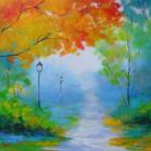 Obrazy jesień,pomarńcz,żółty,zieleń,niebieski,park