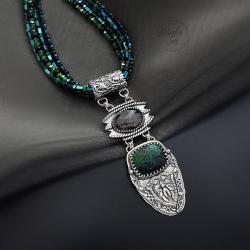 srebrny,naszyjnik,sznur kamienie,z opalem - Naszyjniki - Biżuteria