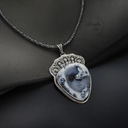 srebrny,naszyjnik,z opalem dendrytowym,zimowy - Naszyjniki - Biżuteria