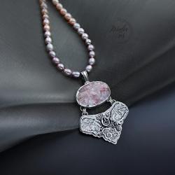 srebrny,naszyjnik,z perłami,z kwiatami - Naszyjniki - Biżuteria