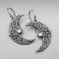 kamień ksieżycowy,srebrne księżyce,elfickie - Kolczyki - Biżuteria